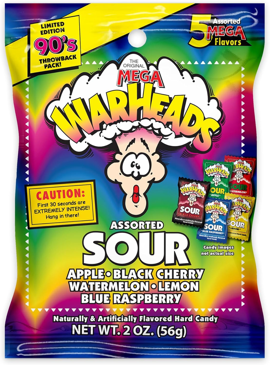 WARHEADS - Extreme Sour Hard Candy - Assorted Flavors - Sour Apple, Black Cherry, Blue Raspberry, Lemon & Watermelon Flavors - 2 oz. Bag