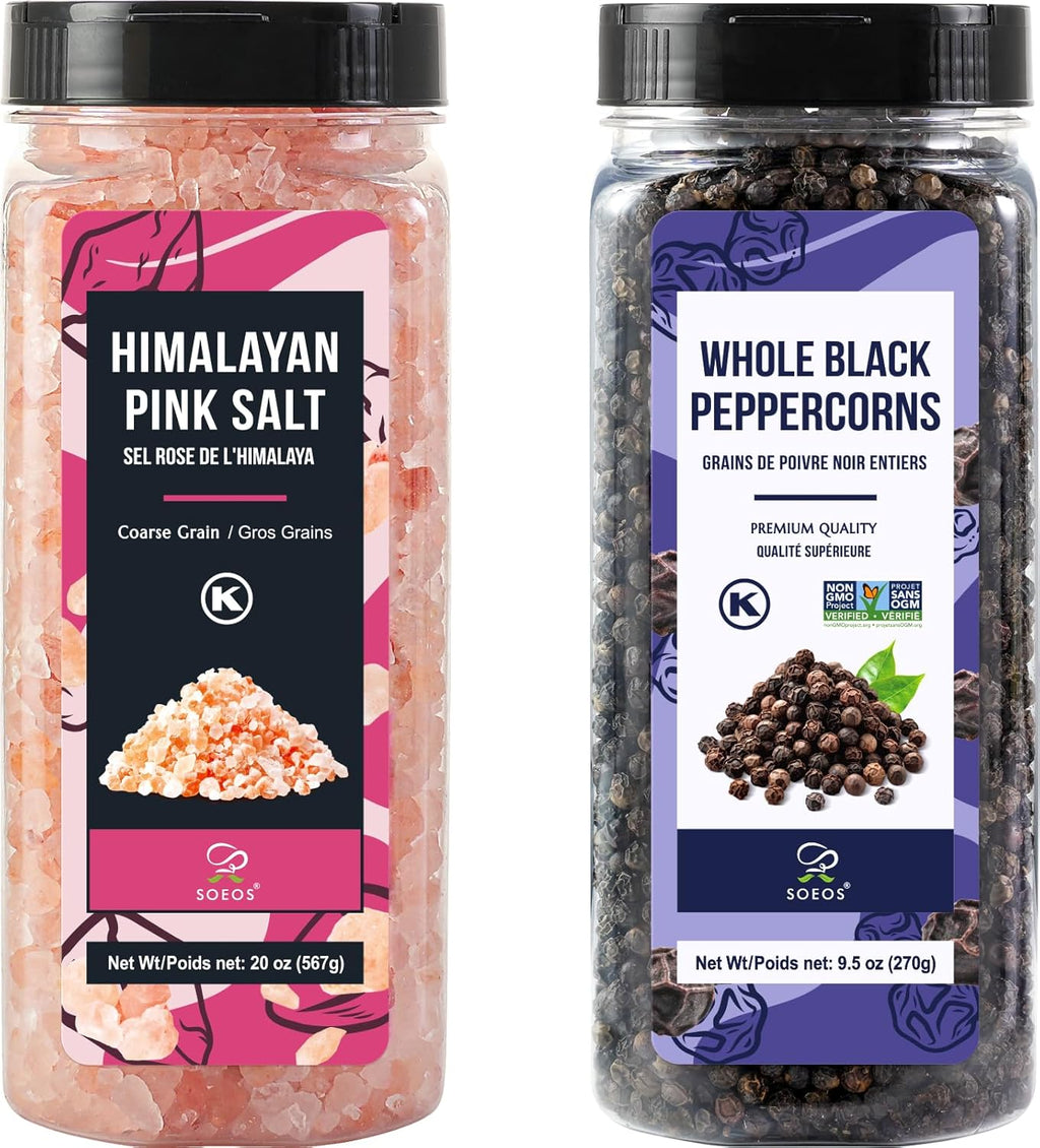 Soeos Himalayan Pink Salt 20oz + Whole Black Peppercorns 9.5oz Set, Coarse Grain, Salt for Grinder Refill, Salt and Pepper Grinder, Non-GMO Verified, Spice Seasoning Set for Cooking
