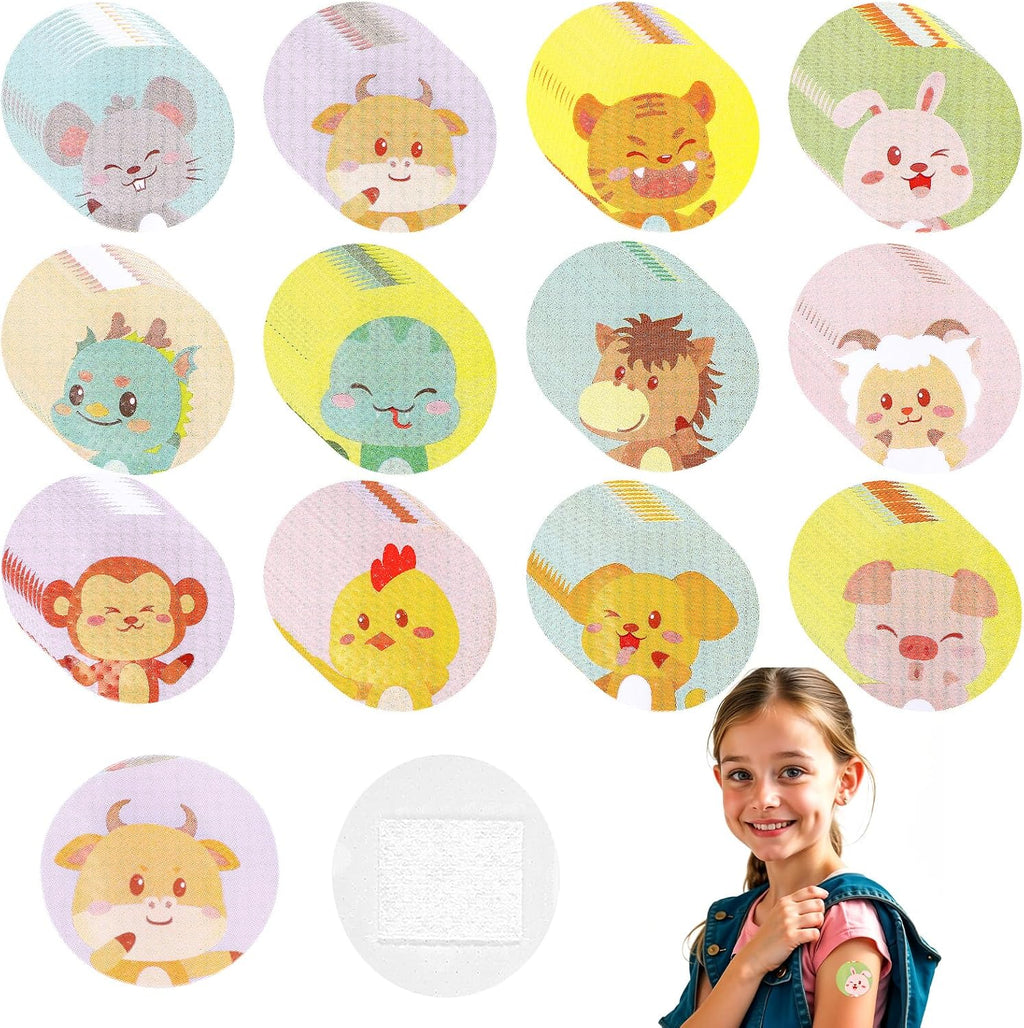 120Pcs Cute Kids Bandages 12 Styles Cartoon Animal Pattern Bandaids Variety Pack, 0.9In Round Vaccination Bandage Adhesive Plaster Dot, Kids Bandaids for Small Wounds, Pimples, Vaccination
