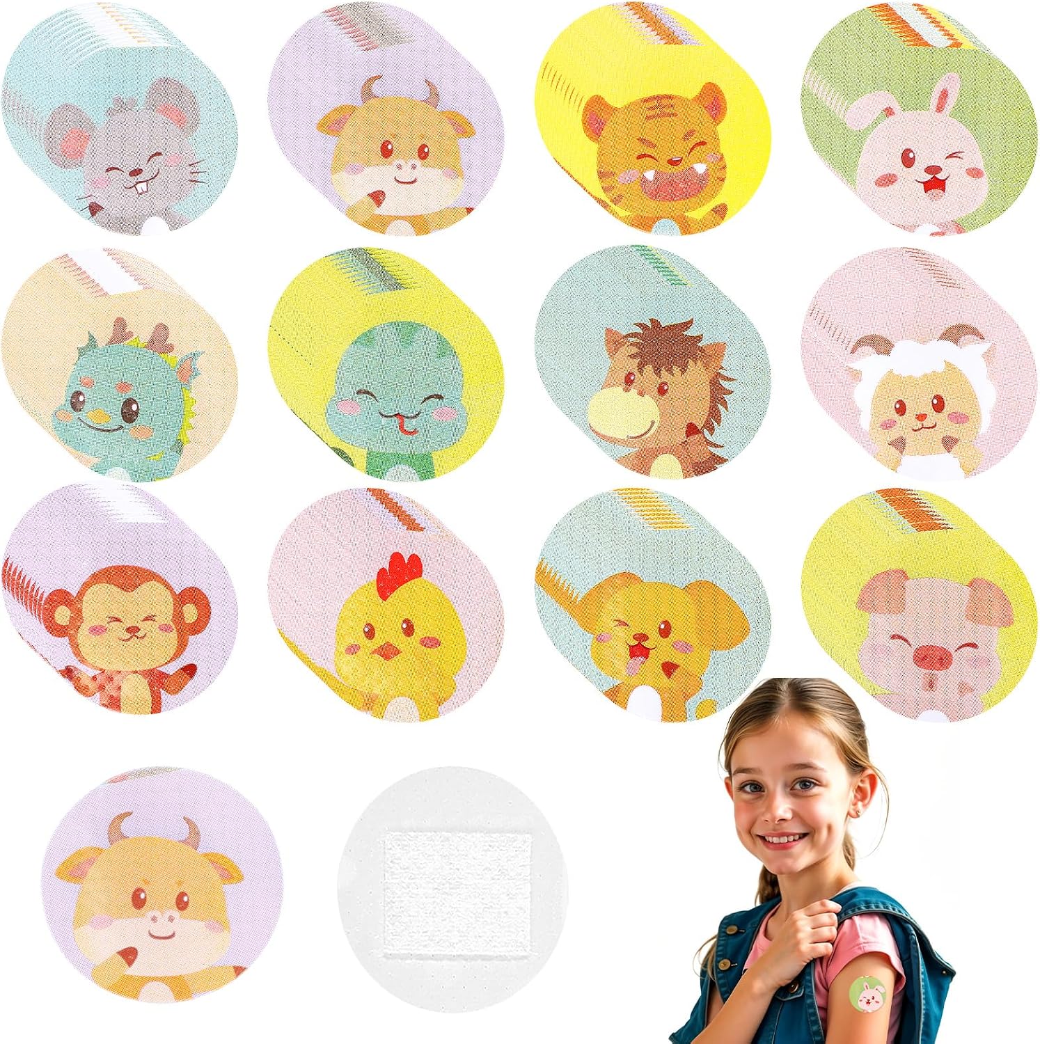 120Pcs Cute Kids Bandages 12 Styles Cartoon Animal Pattern Bandaids Variety Pack, 0.9In Round Vaccination Bandage Adhesive Plaster Dot, Kids Bandaids for Small Wounds, Pimples, Vaccination