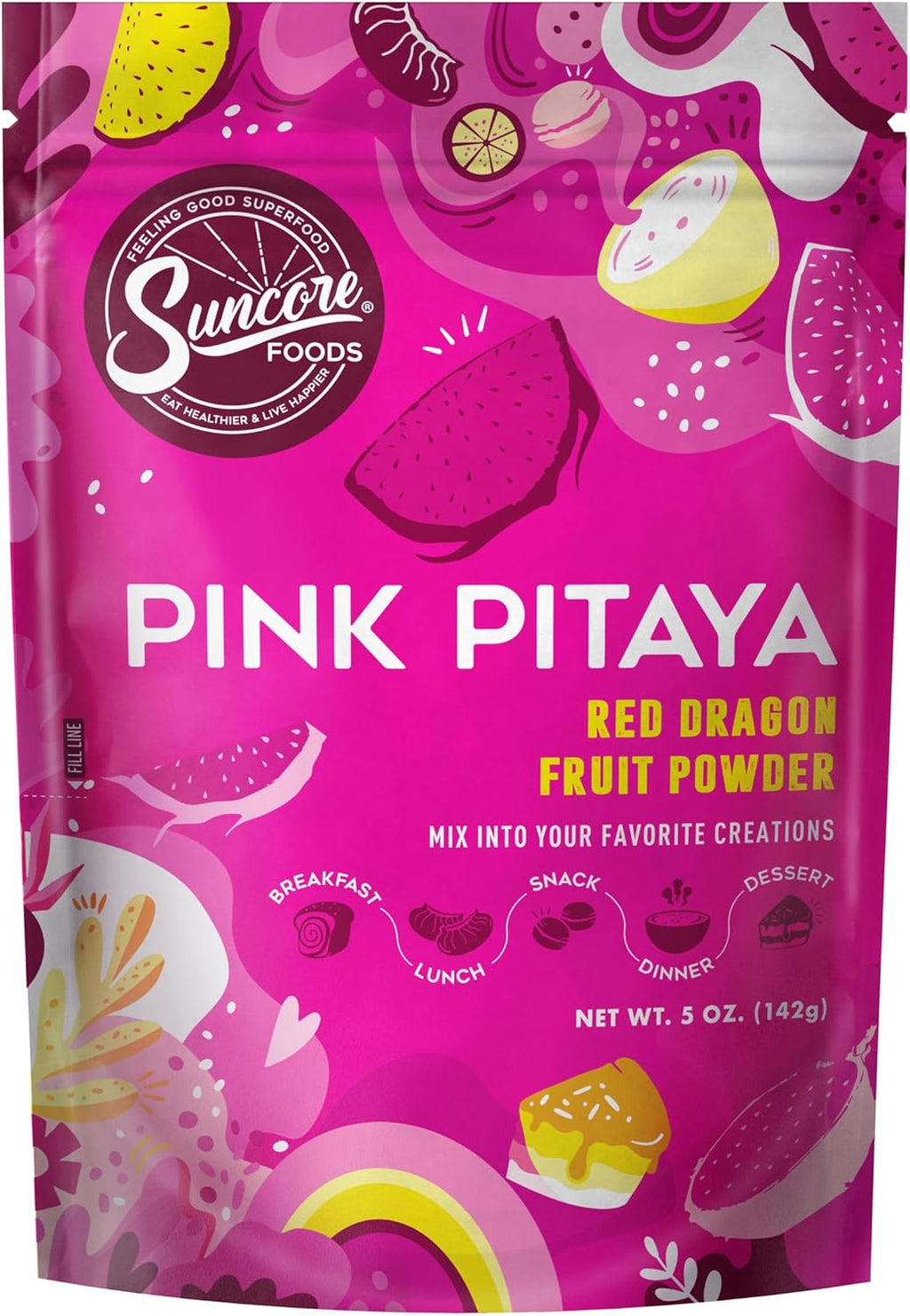 Suncore Foods Pink Pitaya Powder, Natural Pink Food Coloring Powder, Gluten-Free, Non-GMO, 5oz (1 Pack)