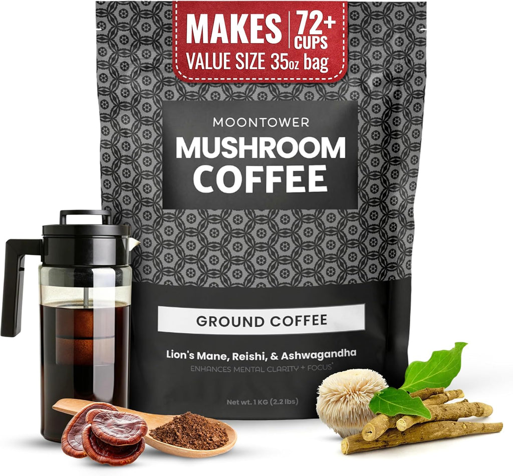 Moontower Adaptogen Mushroom Coffee Ground - Organic Mushroom Coffee with Lion's Mane, Reishi & Ashwagandha, Medium Roast Nicaraguan Beans for Focus & Clarity, Energizing Balanced Brew - 35 oz