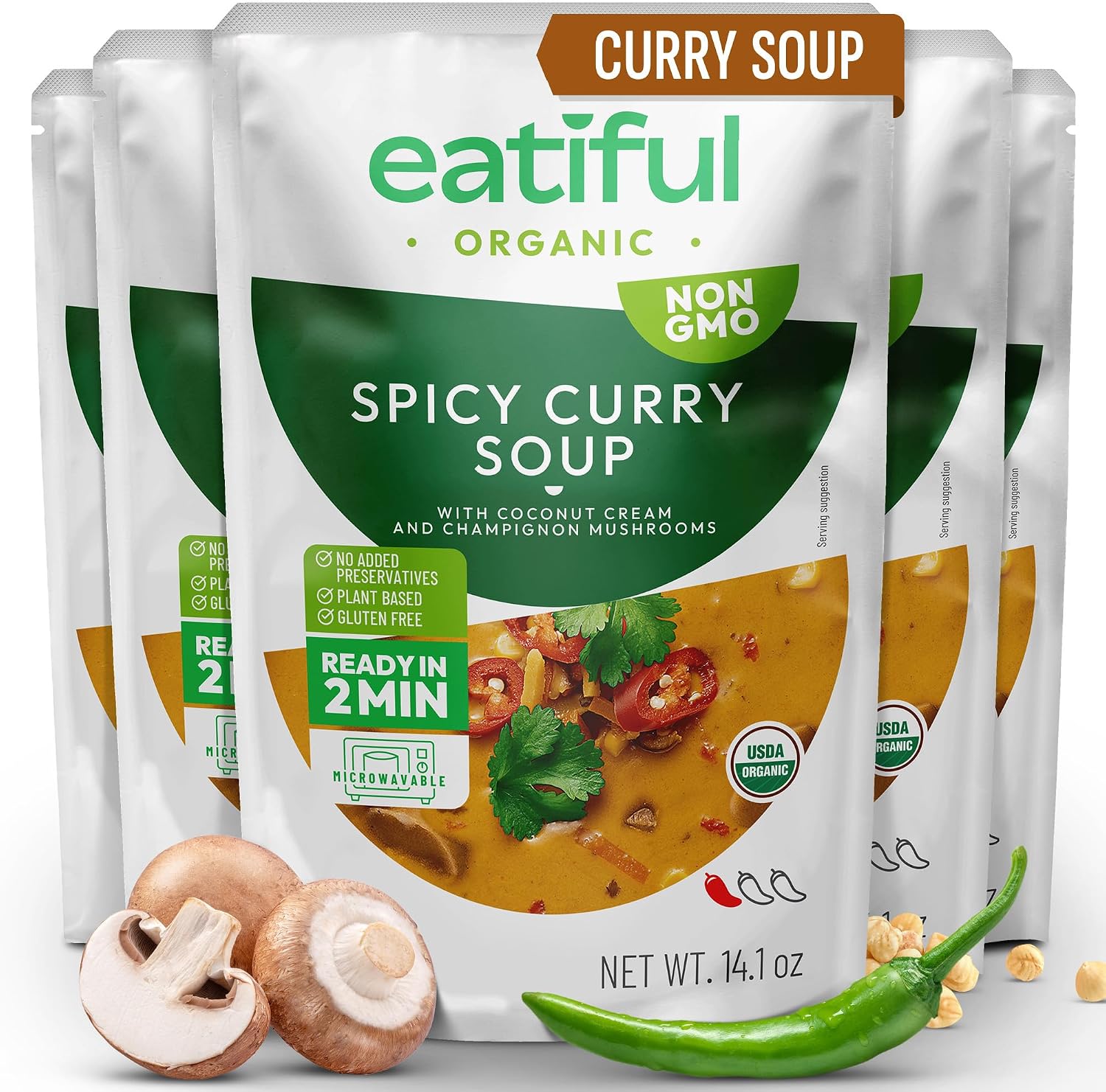 EATIFUL Curry Soup, Made With Organic Vegetables, Thai Ready To Eat Vegan Curry Soup, No Added Preservatives, Gluten Free, NON GMO, 14.1 Ounce (Pack of 5)