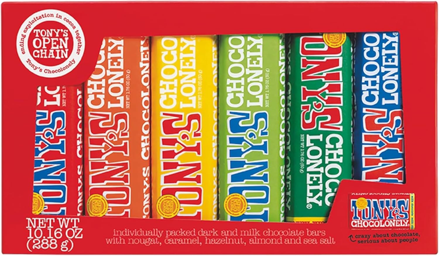 Tony’s Chocolonely Rainbow Chocolate Candy Bar Variety Pack, Belgian Dark & Milk Chocolate With Sea Salt, Caramel, Almond, Hazelnut, & Nougat, Made From Quality Fairtrade Cocoa, 6 Bars, 10.16 Oz