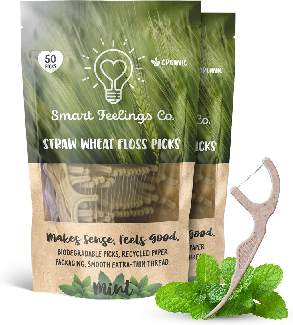 Biodegradable Dental Floss Picks 100 Count 2 Packs | Eco-Friendly Bamboo Like Straw Wheat Sustainable Mint Flavored Flossers for Kids and Adult Teeth Cleaning for The Enviromentally Conscious