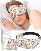 Cute Silk Weighted Eye Mask - Sleep Mask for Women Wife Mom for Sleeping Heat and Cold Lavender Mulberry Silk Eye Mask for Dry Eyes Ajustable with Drawstring Bag, Floral