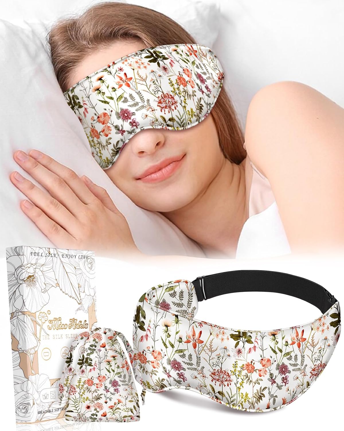 Cute Silk Weighted Eye Mask - Sleep Mask for Women Wife Mom for Sleeping Heat and Cold Lavender Mulberry Silk Eye Mask for Dry Eyes Ajustable with Drawstring Bag, Floral