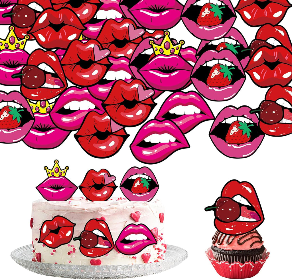 42Pcs Edible Edible Valentine’s Day Cupcake Toppers Red Lip Cupcake Toppers for Wedding Bachelorette Party Valentine's Theme Party Cake Decoration Supplies