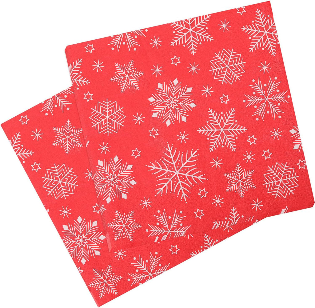 Christmas Party Disposable Paper Napkins 2 Ply Napkins Holiday 33cm x 33cm Cocktail Napkins Serviette for New Year Winter Dinner Party Supplies Decoration, Printed Snowflakes - Red, 60pcs