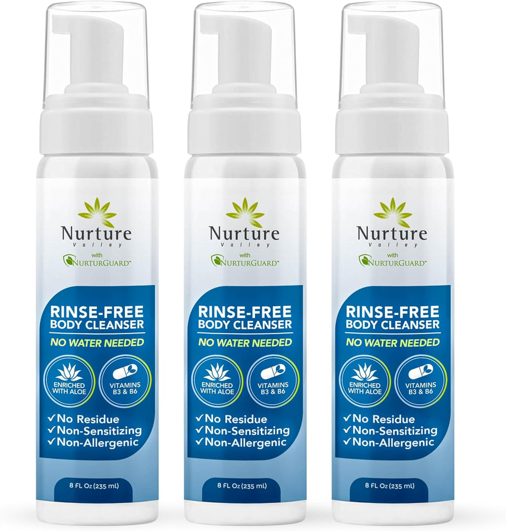 Nurture Rinse Free Waterless Foaming Cleanser | Women, Camping, Elderly & Hospital Care | Waterless Shower & Bath Wash w/Aloe for Sensitive Dry Skin