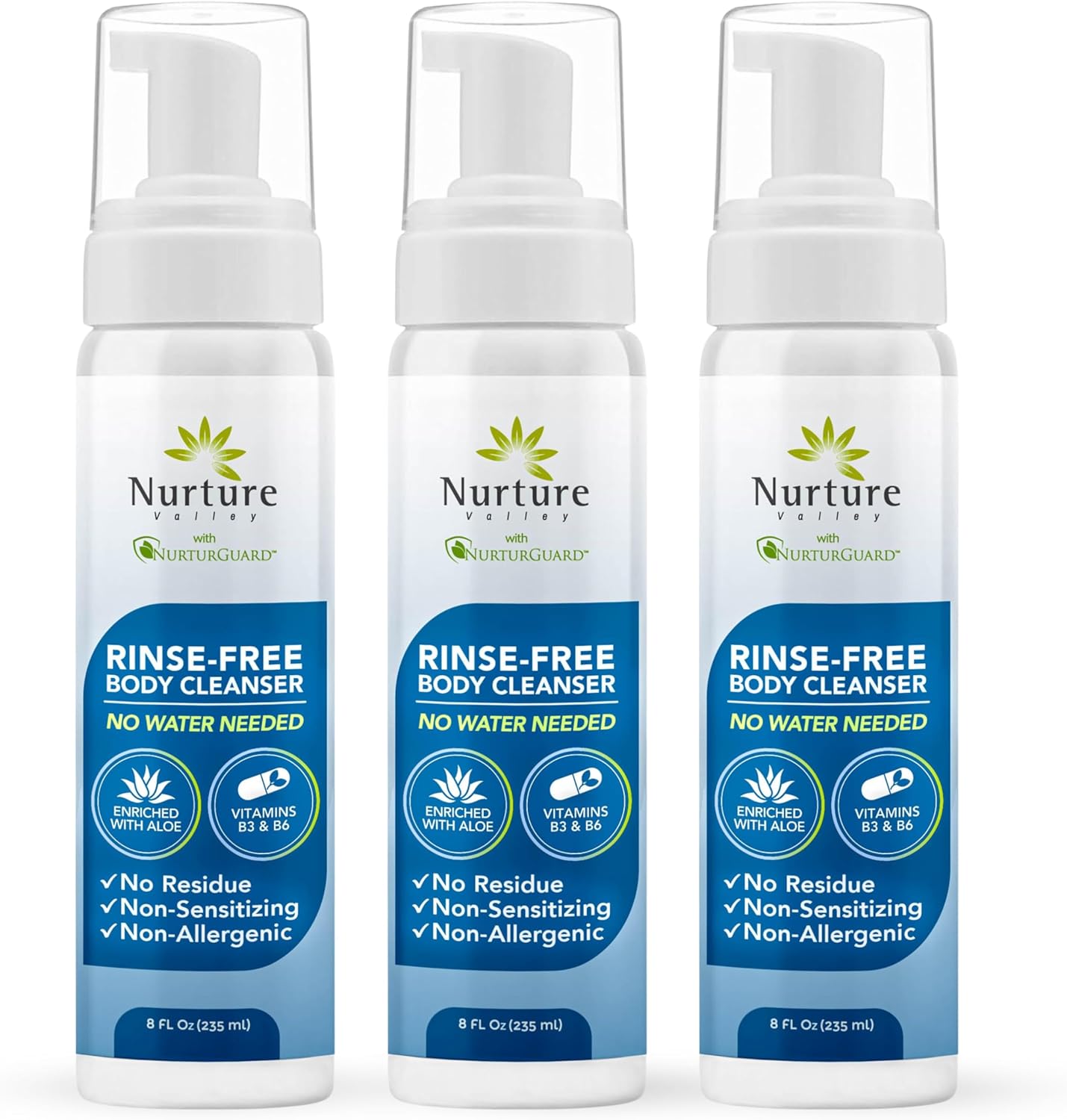 Nurture Rinse Free Waterless Foaming Cleanser | Women, Camping, Elderly & Hospital Care | Waterless Shower & Bath Wash w/Aloe for Sensitive Dry Skin