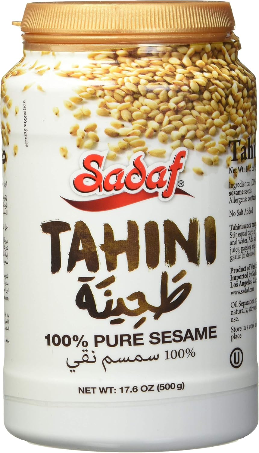Sadaf Sesame Tahini Paste - 100% Pure Sesame Paste from ground sesame seeds - Tahini paste for Hummus, Baba Ghanoush and Dressings - Sesame Butter - 17. 6 Bottle