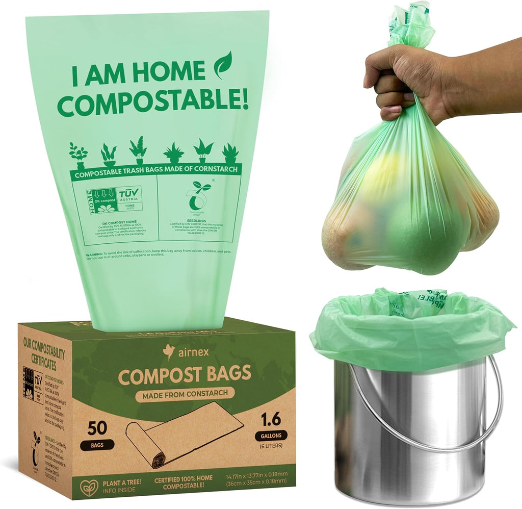 Small Compost Bags 1.6 Gal - 50 Compostable Kitchen Trash Bags for Countertop Bin - Cornstarch Leakproof & Tear-Resistant - OK Compost Home & Seedling Certified 0.18 mm Kitchen Garbage Bags