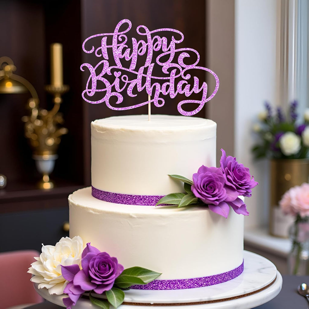 Kaoenla Glitter Happy Birthday Cake Topper,Handmade for Birthday & Anniversary Party Decor(purple)