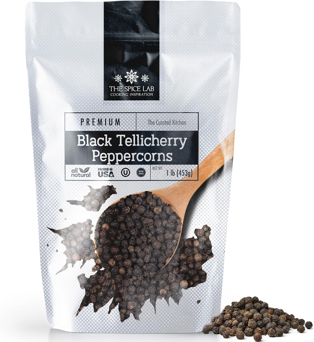The Spice Lab Black Tellicherry Peppercorns for Grinder Packed in the USA - Steam Sterilized Kosher Non-GMO All Natural Black Pepper 5015 (1 lb Resealable Bag)