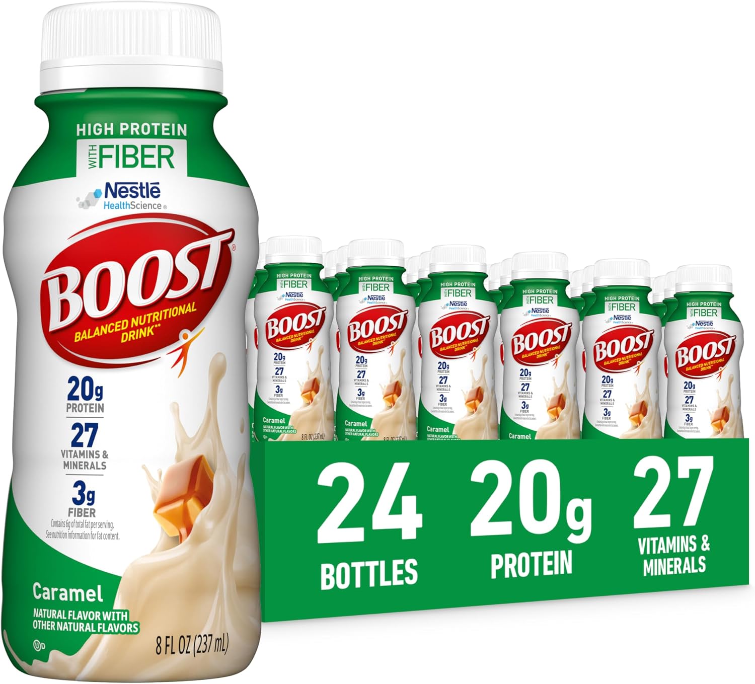BOOST High Protein with Fiber Ready to Drink Complete Nutritional Drink, Caramel, 8 fl oz Bottle, 24 Pack