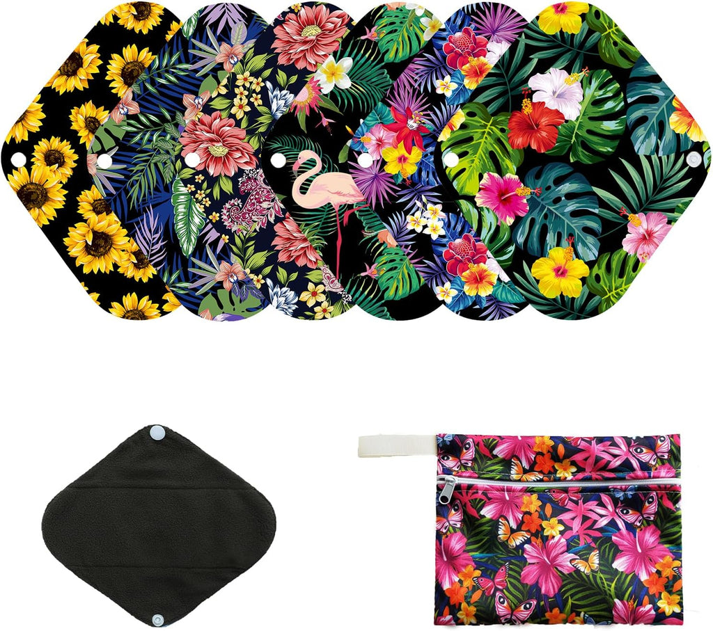 7pcs Pack Cloth Pads Including 1pc Mini Wet Bag +6pcs Bamboo Charcoal Cloth Reusable Menstrual Pads/Reusable Sanitary Pad/Mama Panty Liners (All Randomly Prints)