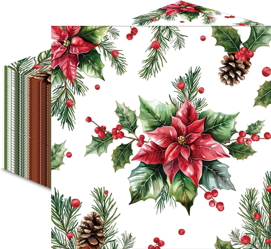 50 Pcs Christmas Poinsettia Paper Napkins, Disposable Holiday Cocktail Napkin with Red Flower, Holly, Pinecone, and Berry Design for Xmas Dinner, Winter Birthdays, Weddings, Seasonal Table Decorations