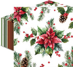 50 Pcs Christmas Poinsettia Paper Napkins, Disposable Holiday Cocktail Napkin with Red Flower, Holly, Pinecone, and Berry Design for Xmas Dinner, Winter Birthdays, Weddings, Seasonal Table Decorations