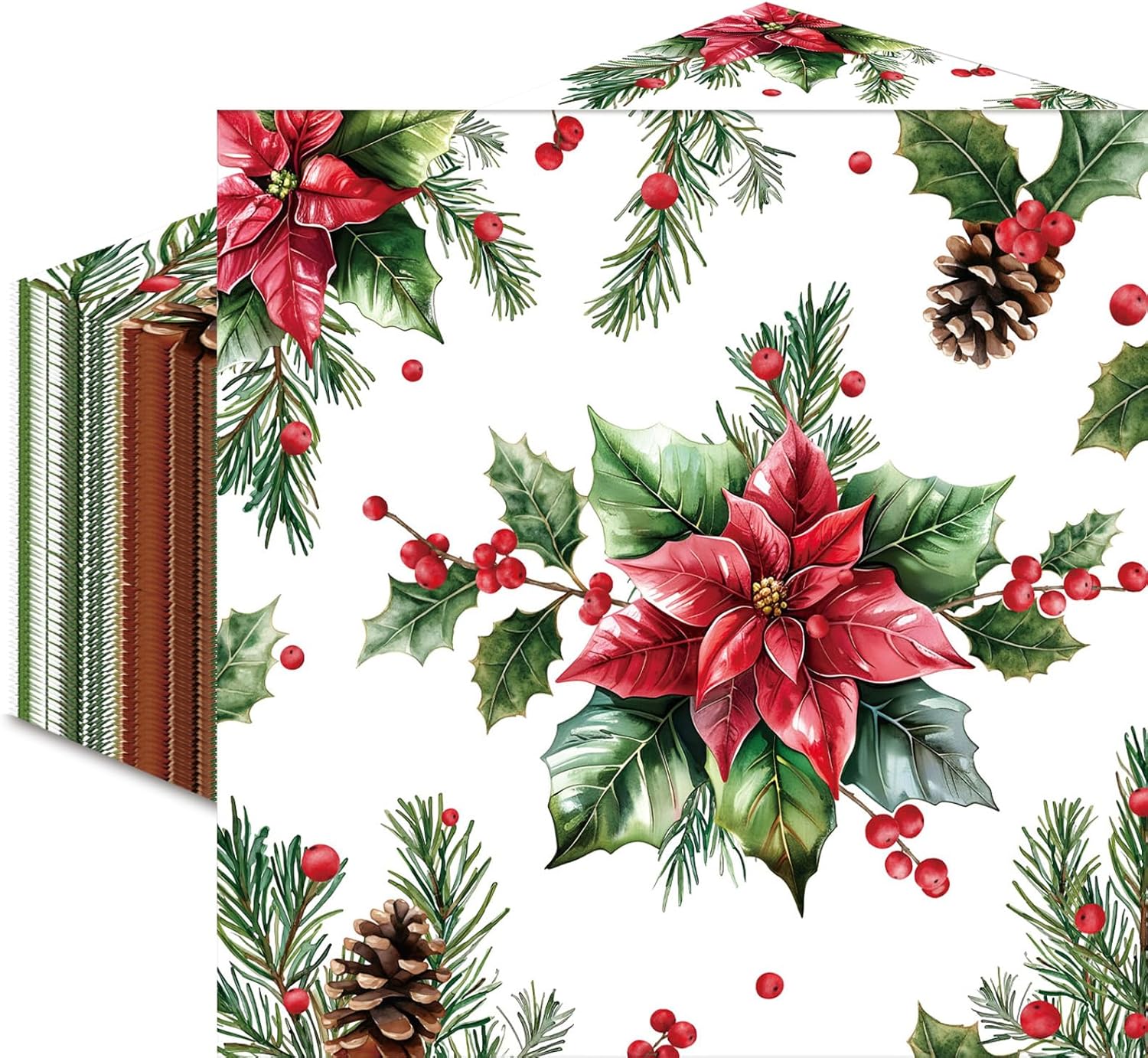 50 Pcs Christmas Poinsettia Paper Napkins, Disposable Holiday Cocktail Napkin with Red Flower, Holly, Pinecone, and Berry Design for Xmas Dinner, Winter Birthdays, Weddings, Seasonal Table Decorations