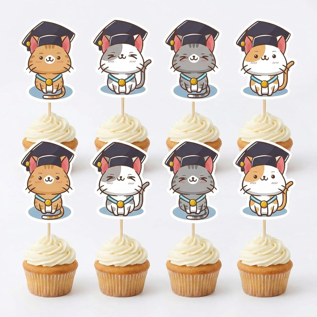 24 Pcs Cat Graduation Cupcake Toppers Cute Kitten Grad Cap Cupcake Picks for 2026 Graduation Party Decorations Kindergarten Preschool Elementary School Graduate Supplies