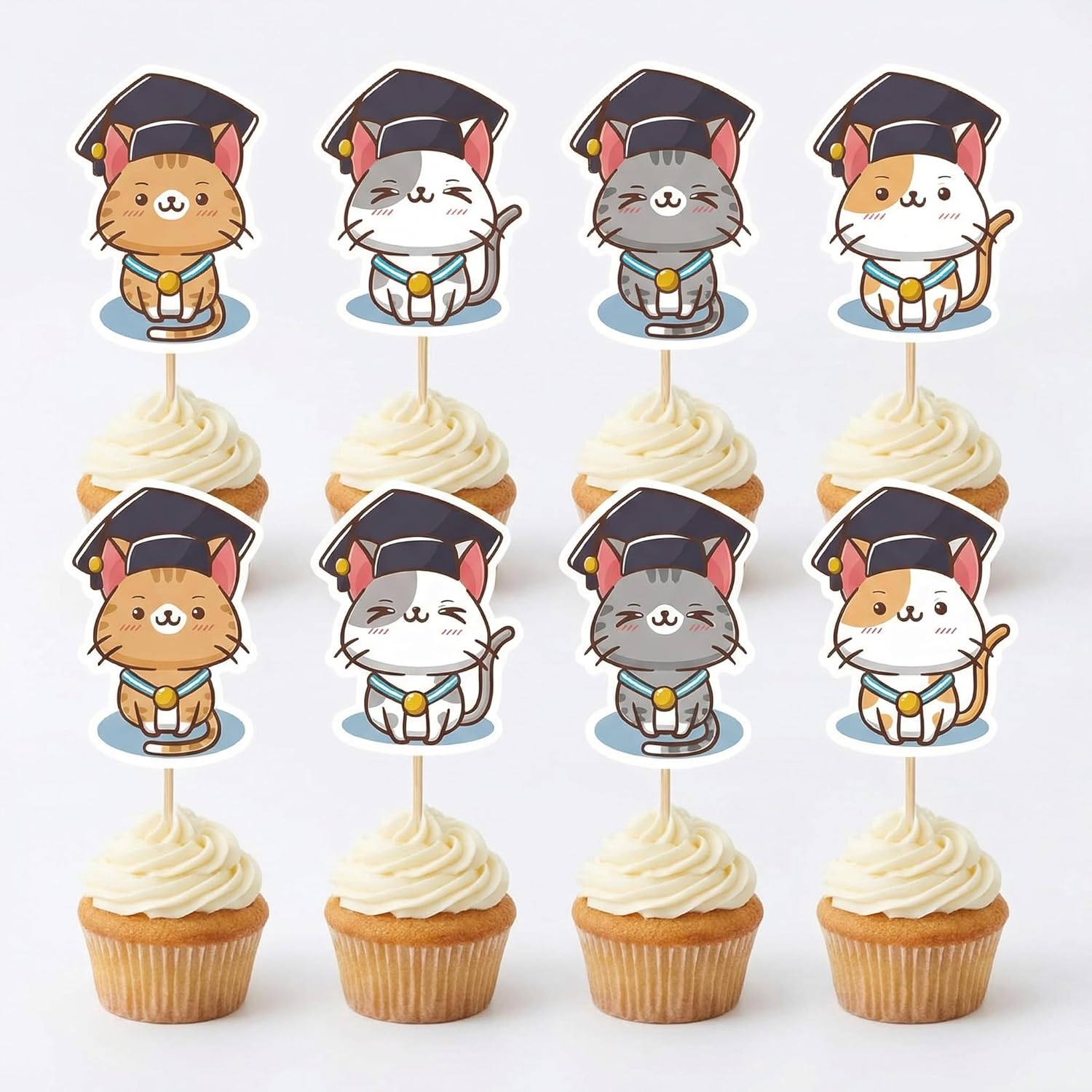 24 Pcs Cat Graduation Cupcake Toppers Cute Kitten Grad Cap Cupcake Picks for 2026 Graduation Party Decorations Kindergarten Preschool Elementary School Graduate Supplies