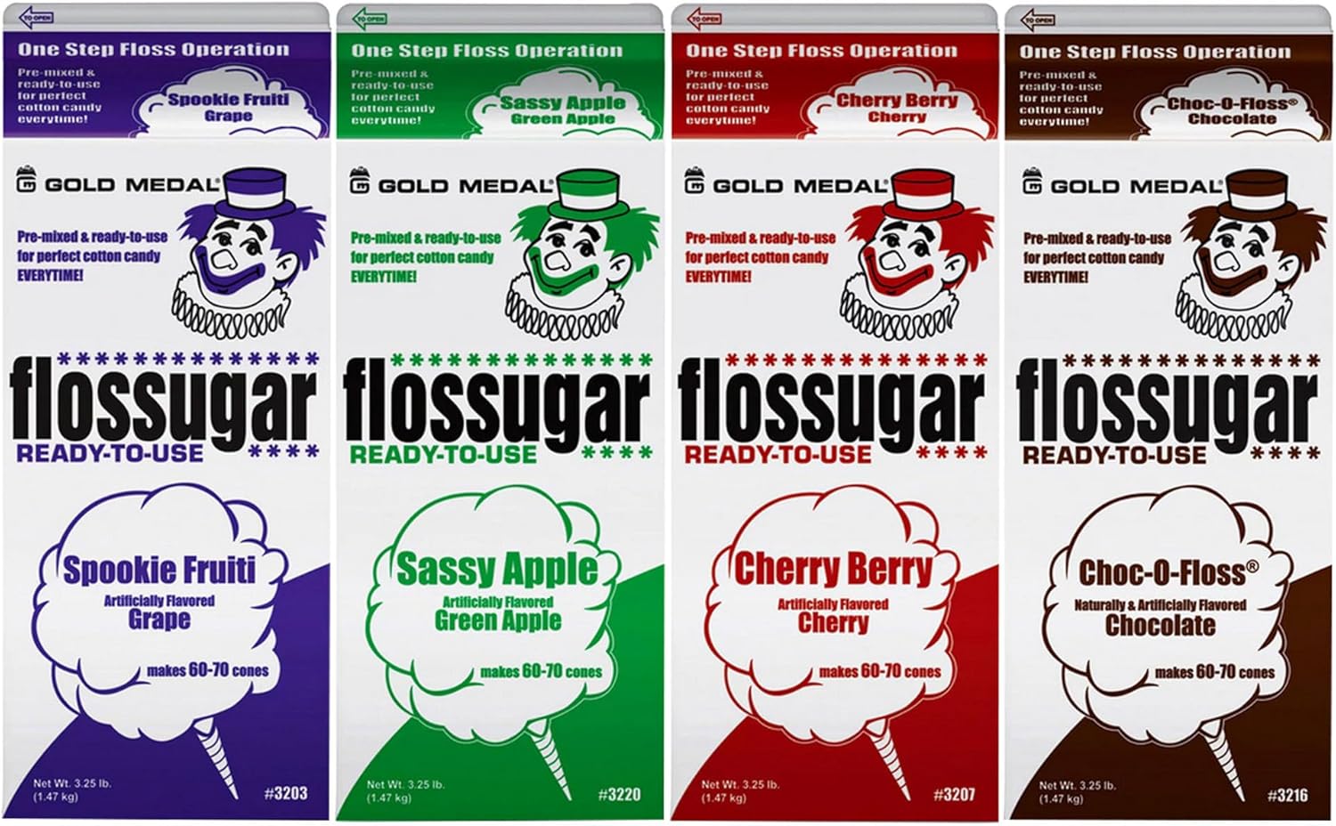 Cotton Candy Floss sugar Mix Flavors | Pack Of 4 | Green Apple, Cherry, Grape and Chocolate Flavors | 1/2 Gallon Cartons