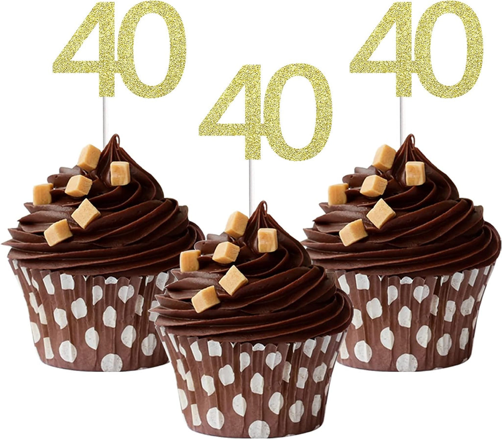 Sumerk 24PCS 40 Cupcake toppers Gold Glitter 40th Birthday Cupcake Picks Anniversary Party Decorations