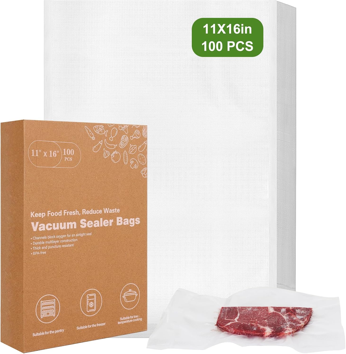 [2025 Upgraded] Moretoes 100pcs Vacuum Sealer Bags, Food Saver Bags Gallon 11" x 16", BPA Free, Pre-cut Commercial Grade Vac Bags for Food Storage, Meal Prep or Sous Vide