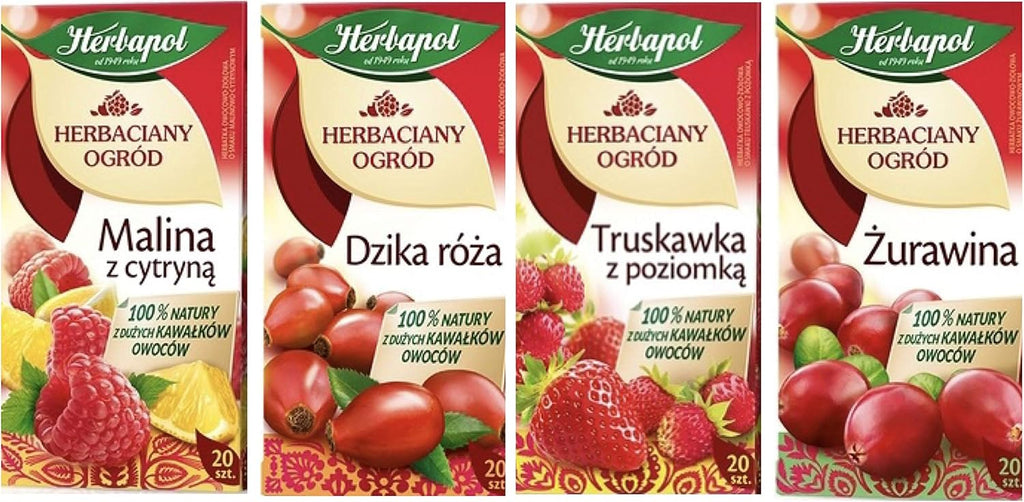 Herbapol Herbal Fruit Infused Tea (Variety 4 Pack) WILD ROSE, STRAWBERRY & WILD STRAWBERRY, CRANBERRY and RASPBERRY & LEMON Tea Natural Flavor - 20 Silk Tea Bags Each.