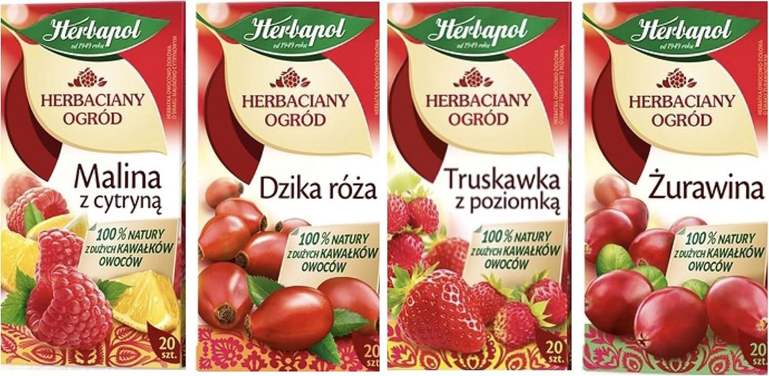 Herbapol Herbal Fruit Infused Tea (Variety 4 Pack) WILD ROSE, STRAWBERRY & WILD STRAWBERRY, CRANBERRY and RASPBERRY & LEMON Tea Natural Flavor - 20 Silk Tea Bags Each.