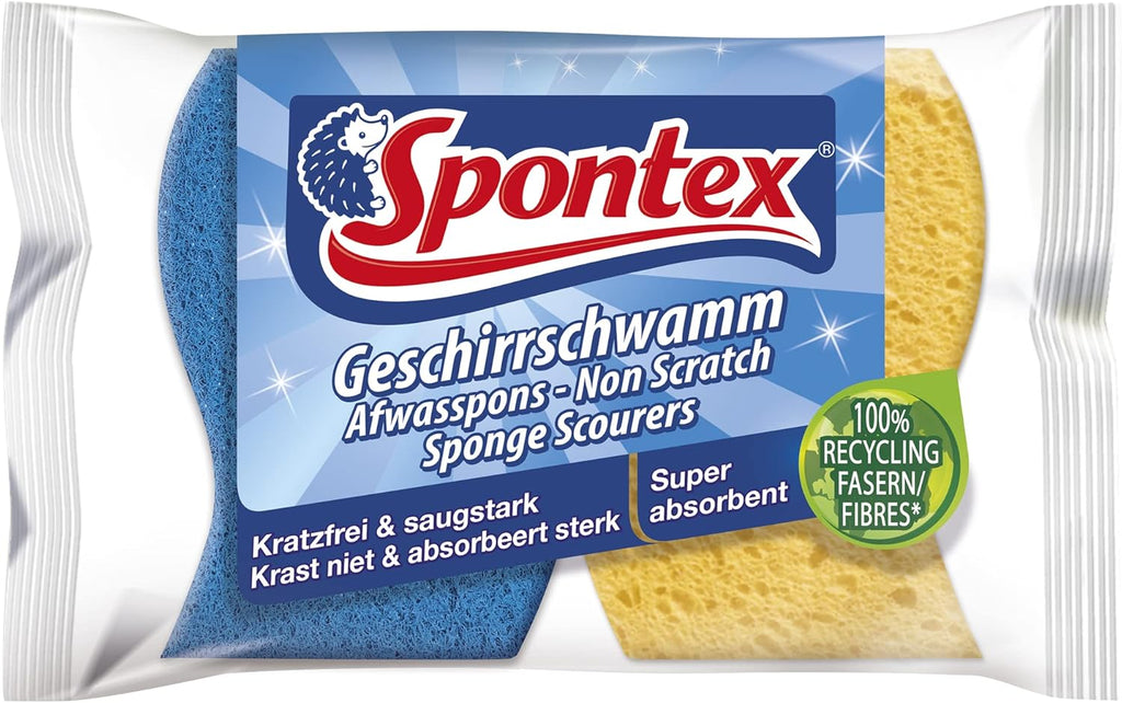 Spontex Non Scratch Super Absorbent, Pack of 2, Yellow Sponge Blue Scourer, 1er
