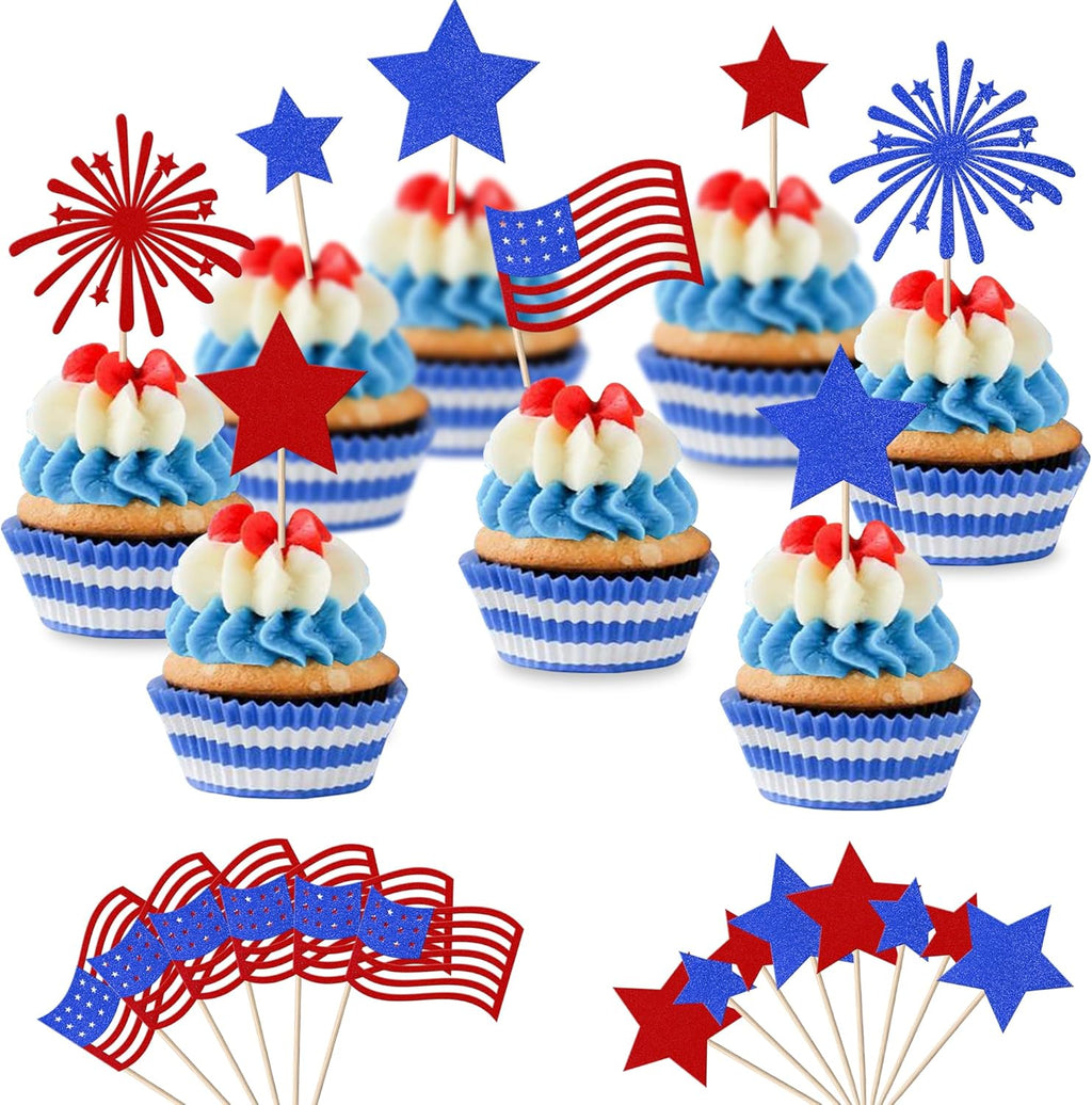 36 Pack 4th of July Cupcake Toppers Glitter Happy Independence Day Cupcake Picks Firework Patriotic Star American National Day Cupcake Decorations for Independence Theme Party Supplies Blue Red