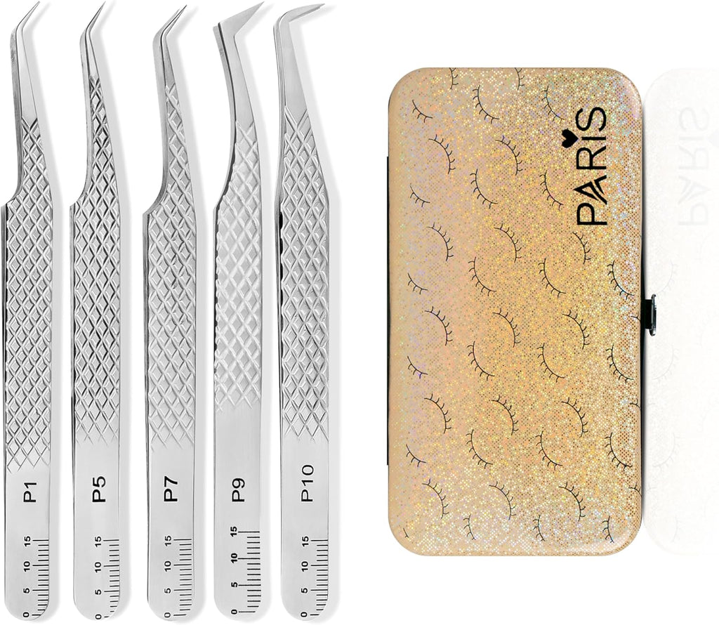 PLA Professional Lash Extension Tweezer Set 5 Pair Silver Ultimate Volume Tweezers Fiber Tip Essential Must Have Lash Artist Kit for Premade, Fan Making and Isolation with Magnetic Storage Case