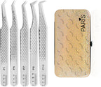 PLA Professional Lash Extension Tweezer Set 5 Pair Silver Ultimate Volume Tweezers Fiber Tip Essential Must Have Lash Artist Kit for Premade, Fan Making and Isolation with Magnetic Storage Case