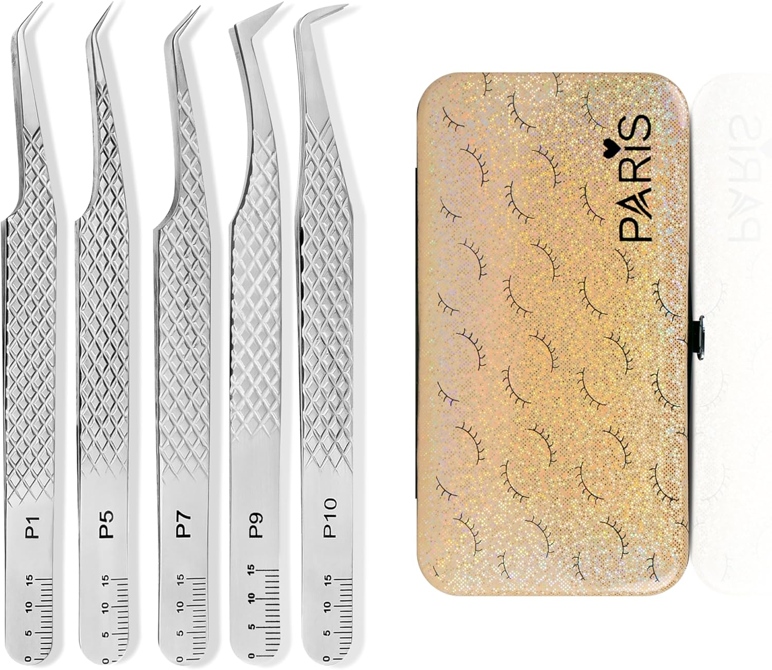 PLA Professional Lash Extension Tweezer Set 5 Pair Silver Ultimate Volume Tweezers Fiber Tip Essential Must Have Lash Artist Kit for Premade, Fan Making and Isolation with Magnetic Storage Case