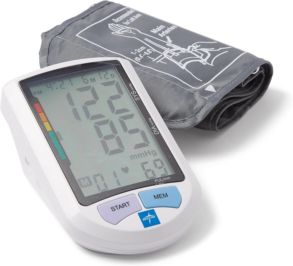 Medline Advanced Automatic Blood Pressure Monitor, Universal Upper Arm Cuff, Large Digital LCD Display, Stores Up to 90 Readings, Carrying Case and Batteries Included