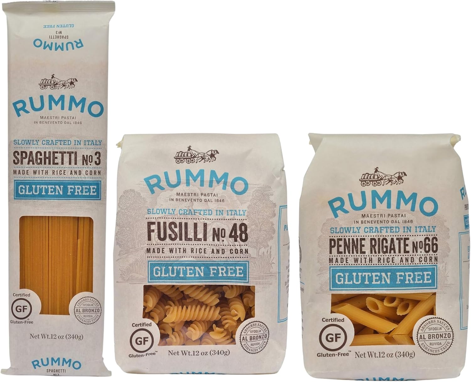 Rummo Gluten Free Pasta Variety Pack - Spaghetti Noodles, Fusilli, Penne Rigate, Made with Rice & Corn, Pasta from Italy - 16 Ounce (Pack of 3)