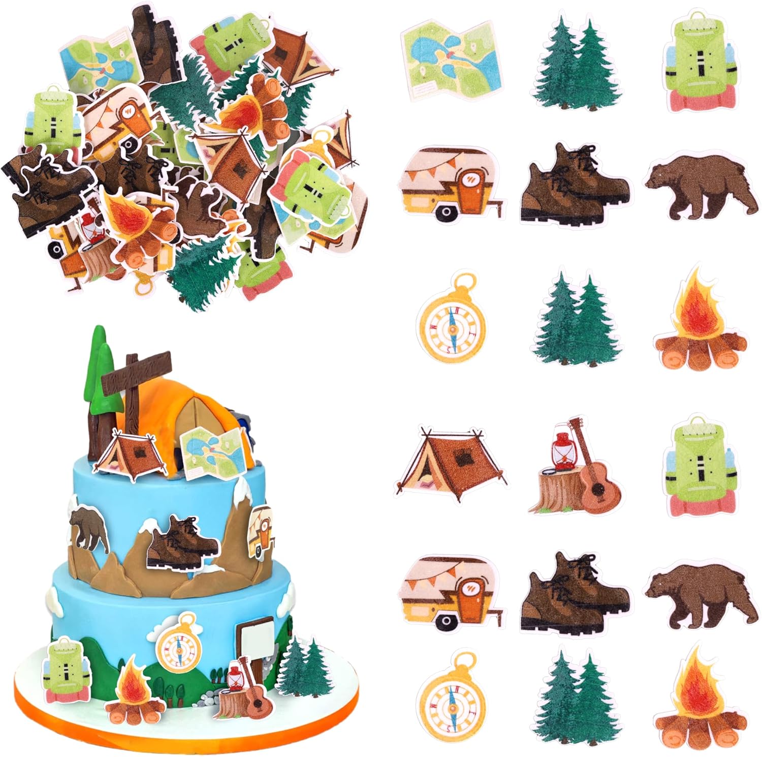 60 PCS Edible Camper Themed Cupcake Toppers Tree Bear Tent Bonfire Guitar Cupcake Picks Edible Happy Camping Cake Decorations for Weekend Outdoor BBQ Camper Theme Birthday Party Supplies