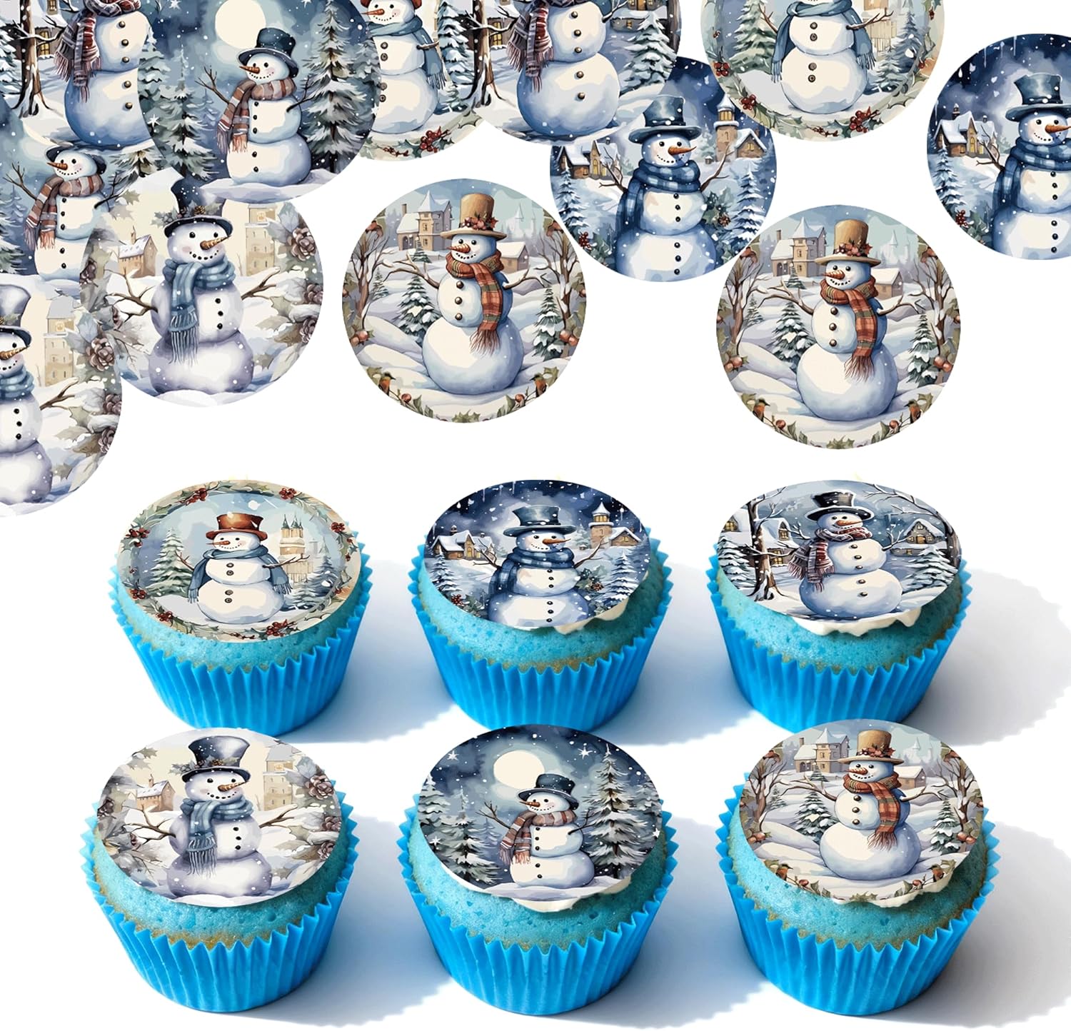 24Pcs Edible Christmas Snowman Cupcake Toppers Wafer Paper Merry Christmas Themed Party Decorations Picks for Birthday Party Cake Decorations