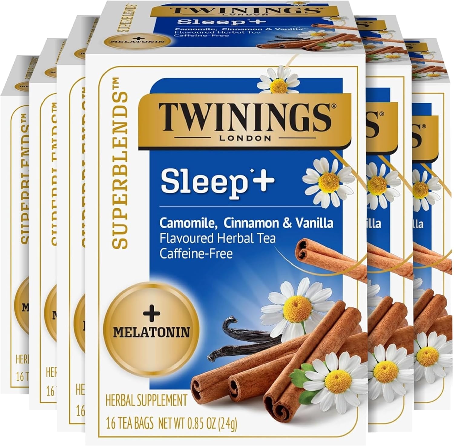 Twinings Superblends Sleep+ Herbal Tea with 1mg Melatonin, Camomile, Cinnamon & Vanilla, Naturally Caffeine-Free, 16 Tea Bags (Pack of 6), 96 Teabags