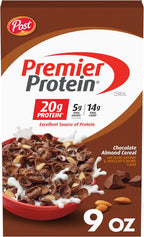 Premier Protein Chocolate Almond Cereal, Chocolatey Protein Breakfast Cereal Flakes with Sliced Almonds, Contains 20g of Protein Per Serving, 9 oz Box