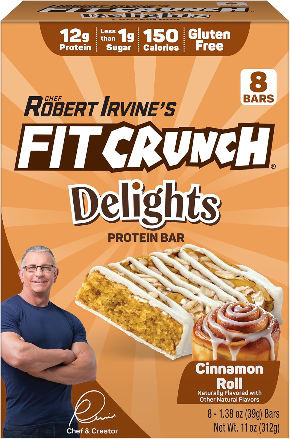 FITCRUNCH Delights Protein Bar, 12g of Protein & 1g of Sugar (8 Bars, Cinnamon Roll)