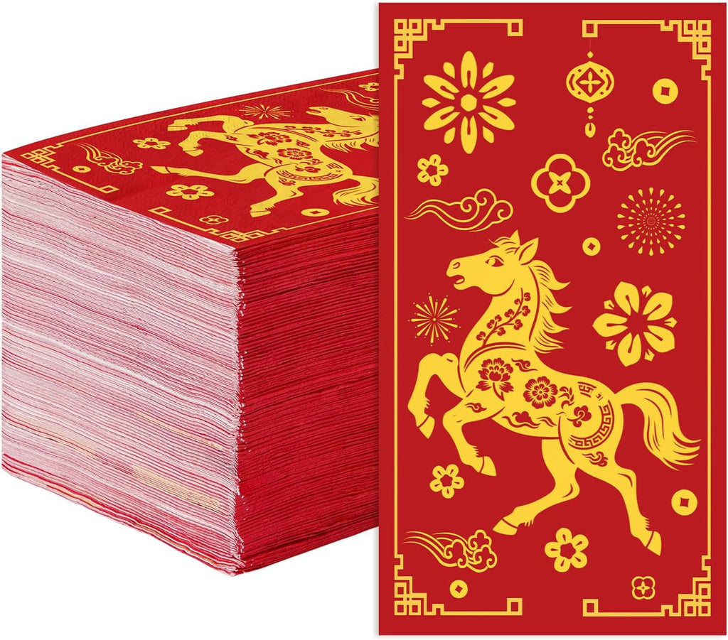 100Pcs Chinese New Year 2026 Paper Napkins 3 Ply Red Gold Foil Horse Disposable Absorbent Hand Towels Year of the Horse Guest Napkins for Spring Festival Luncheon Dinner Bathroom Supplies Table Decor