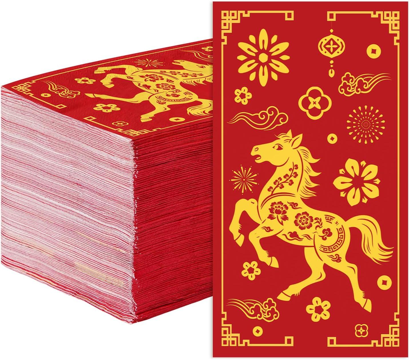 100Pcs Chinese New Year 2026 Paper Napkins 3 Ply Red Gold Foil Horse Disposable Absorbent Hand Towels Year of the Horse Guest Napkins for Spring Festival Luncheon Dinner Bathroom Supplies Table Decor
