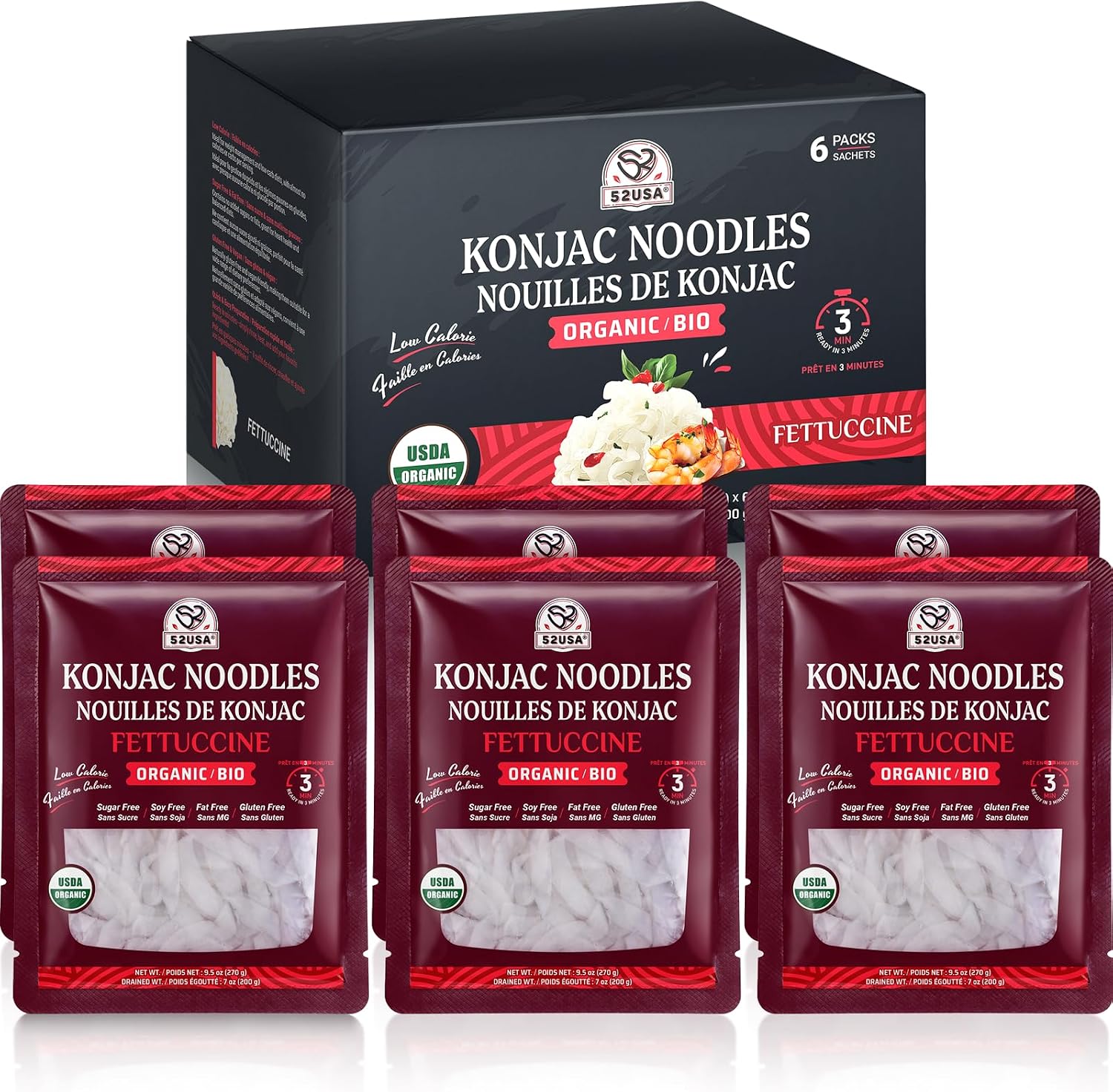 52USA USDA Organic Konjac Fettuccine Noodle, 6 Pack (52.8 oz Total) Low Carb Pasta Konjac Noodles, Keto and Paleo Friendly, Vegan, Gluten-Free, Sugar-Free Shirataki Noodles, Ready to Eat