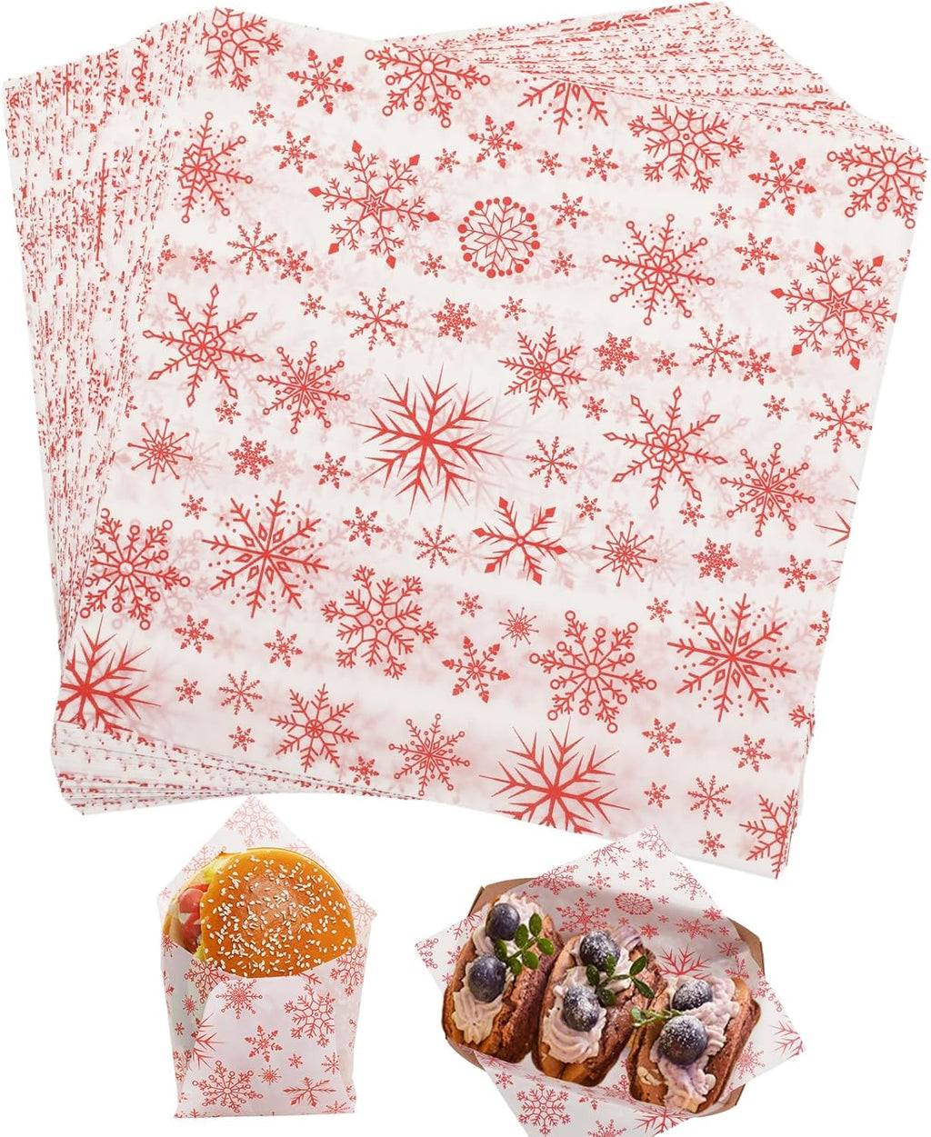 100 PCS Deli Paper Sheets 7x7 Inch, Christmas Decoration Food-Grade Greaseproof Paper Food Basket Liners for Sandwiches, Burgers, Fries Wrapping Papers Sheets, Red Christmas Snowflakes