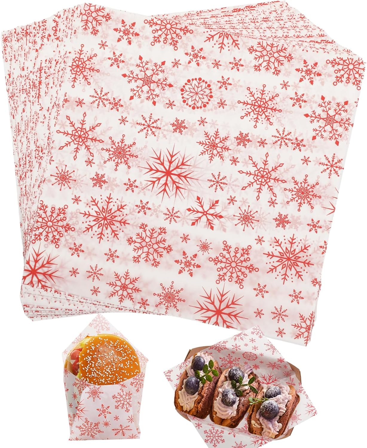100 PCS Deli Paper Sheets 7x7 Inch, Christmas Decoration Food-Grade Greaseproof Paper Food Basket Liners for Sandwiches, Burgers, Fries Wrapping Papers Sheets, Red Christmas Snowflakes