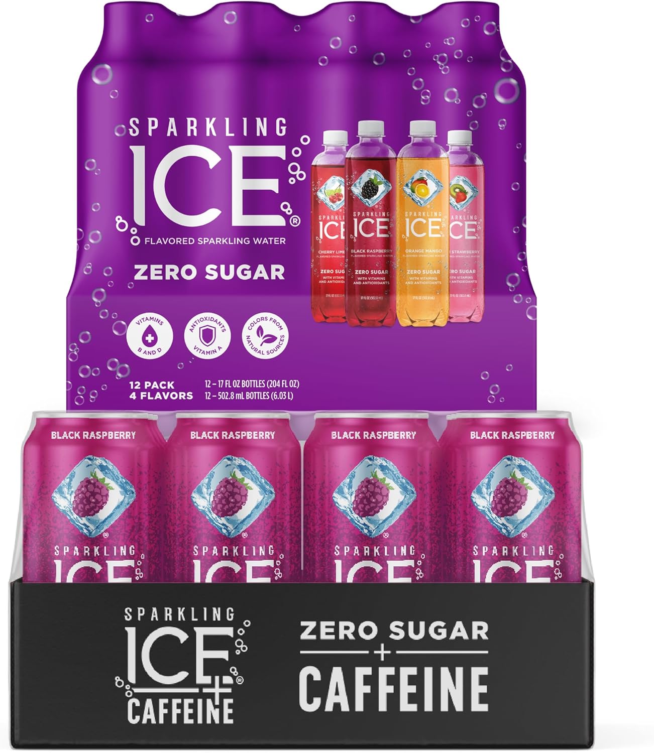Sparkling Ice Black Raspberry Variety Pack with Caffeine, Zero Sugar Flavored Sparkling Water with Antioxidants, Vitamins, and Zero Calories (16 fl oz Cans, 12 count)