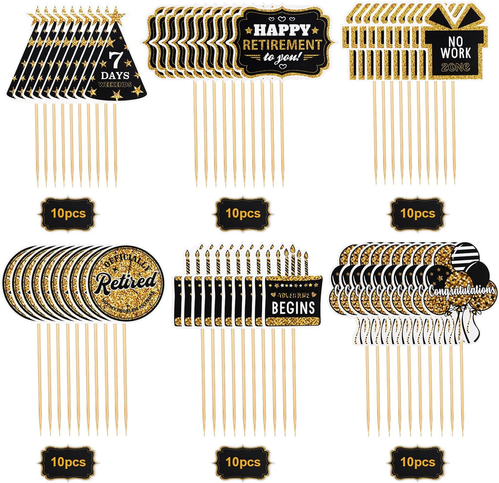 60 Pcs Happy Retirement Cupcake Toppers, Gold Retired Cake Picks for Party Decoration - Birthday Cake Topper Supplies